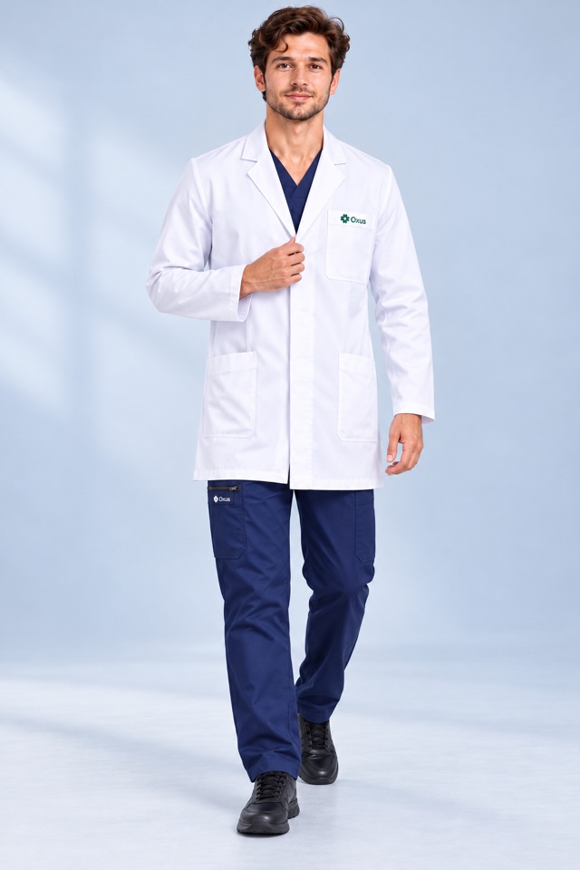 Men's Oxus White Lab Coat in White, Front